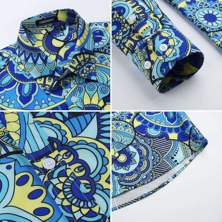 HISDERN Herren Paisley Hemd Langarm Satin Blumen Muster Hemd für Männer Jacquard Stickerei Freizeith