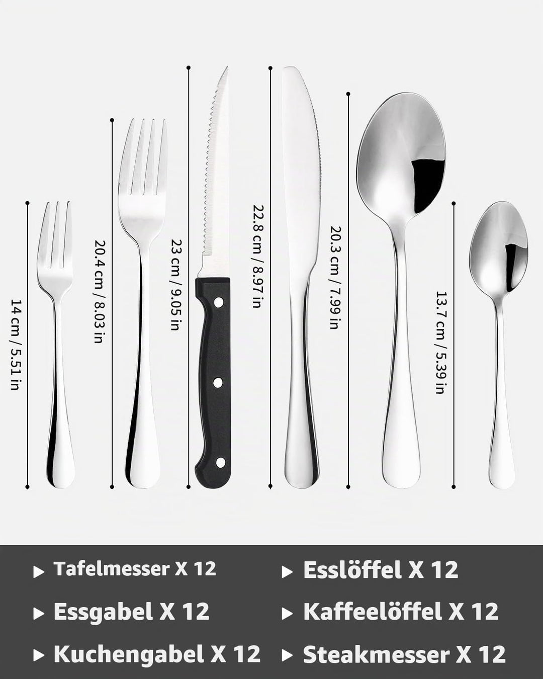 Besteck Set 12 Personen, 72 teilig Edelstahl Bestecksets, mit Steakmesser, Elegantes Essbesteck, Hoc