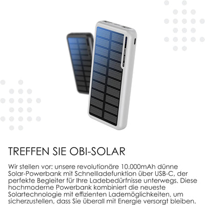 Boompods Obi Solar 10000mAh Solar Powerbank - Ladegerät mit Schnellladefunktion, Hochleistungs-Akku,