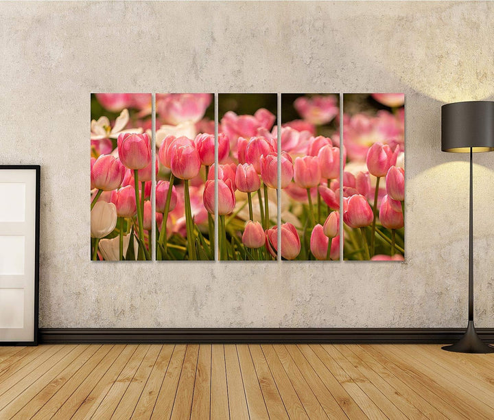 islandburner Bild auf Leinwand Rosa Tulpen Feld Bilder Wandbilder Poster Leinwand 170x80cm - 5 Teile