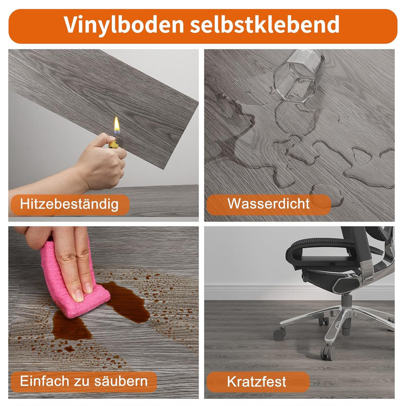 Mysflosy Vinylboden Selbstklebend, PVC Bodenbelag holzoptik wasserdicht, Graue Eichenfarbe 15,24cm x
