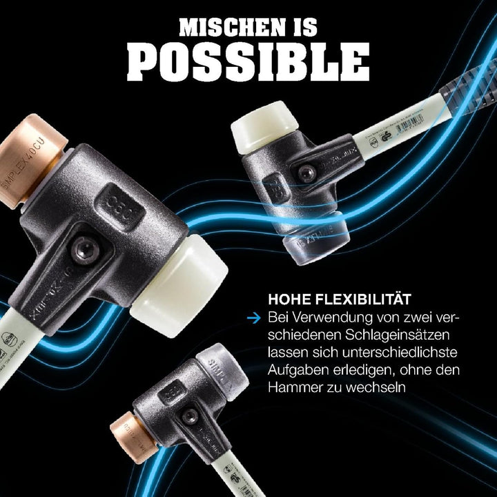 SIMPLEX-Schonhammer, Plastik/Superplastik; mit verstärktem Tempergussgehäuse und Fiberglasstiel | D=