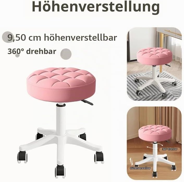 Kleiner Hocker – Runder Rollhocker mit Rädern – Höhenverstellbarer Drehschemel aus PU-Leder – Arbeit