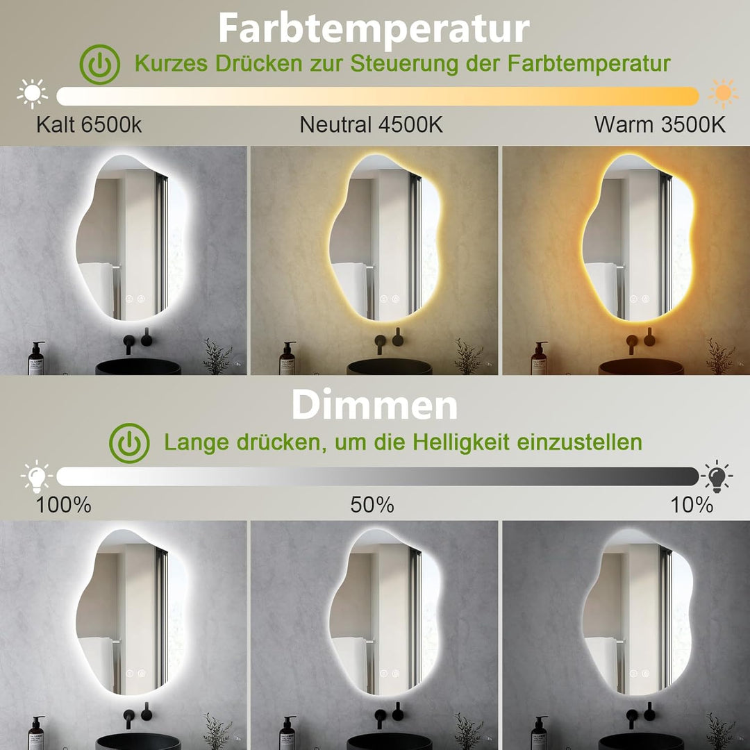 ColdShine LED Badspiegel Asymmetrisch mit Beleuchtung, Wandspiegel fürs Badezimmer mit Touch-Sensor,