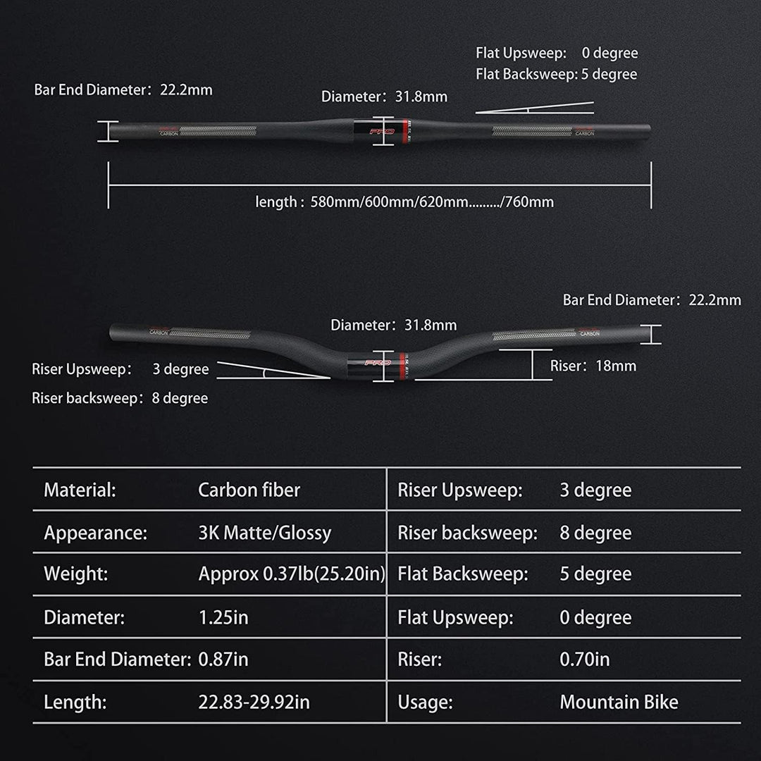 RXL SL Carbon Lenker 31.8 Riser 3K Matt für MTB, Downhill, Radfahren, Rennrad, BMX, Gravel - 680mm