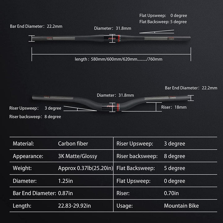 RXL SL Carbon Lenker 31.8 Riser 3K Matt für MTB, Downhill, Radfahren, Rennrad, BMX, Gravel - 680mm