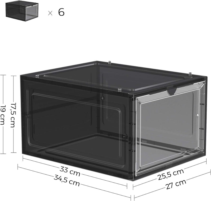 SONGMICS Schuhboxen, Schuh-Organizer aus Kunststoff, mit Tür, durchsichtig, Kunststoffboxen, 6er Set