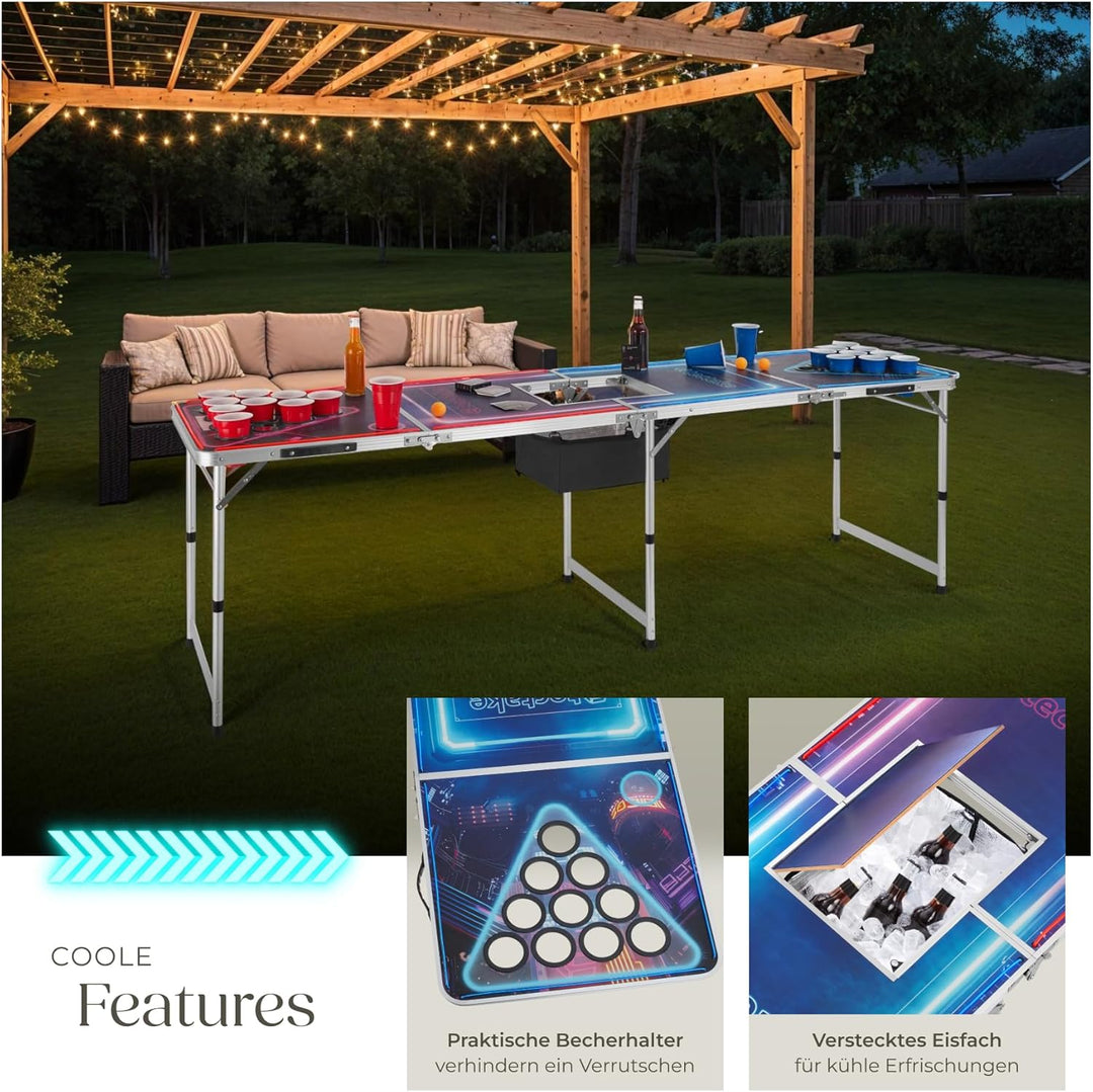 tectake® Bierpong Tisch mit Eiskühler und mit Party Deko LED Beleuchtung, Tisch höhenverstellbar, Kl