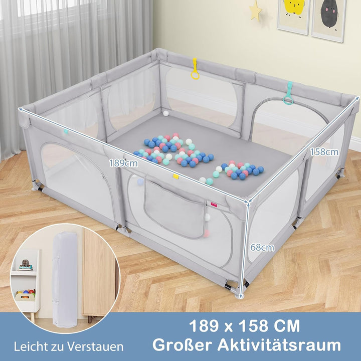 DREAMADE Laufstall Baby, 189 x 158 cm Laufgitter mit 4 Zugringen & 50 Ocean Bällen & Tragetasche, Gr