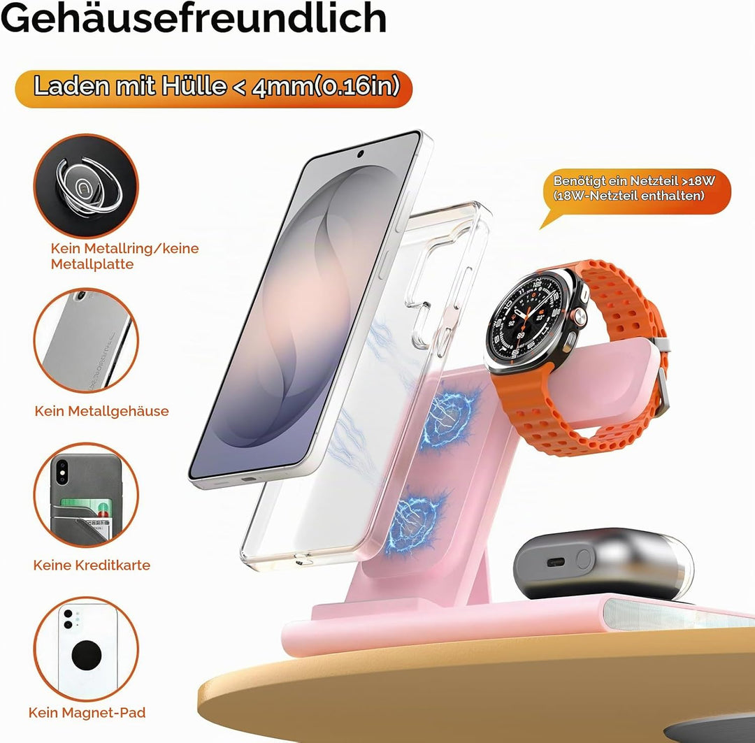 3 in 1 Ladestation für Samsung Induktive Ladestation [Faltbar &amp; Nachtlicht] rose, rose