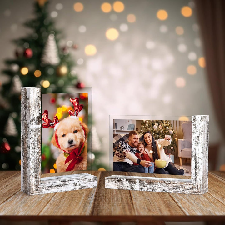 RLAVBL 2er Set Vintage-Weiss Bilderrahmen 10x15 cm, Doppelseitiger Glasbilderrahmen mit L-förmigem M