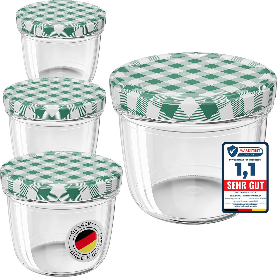 WELLGRO 100x Einmachgläser mit Schraubdeckel - 230 ml, 8,5 x 6,5 cm (ØxH), Glas/Metall, grün kariert