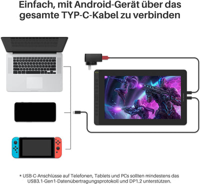 HUION Kamvas 16 Grafiktablett mit Display,15,6-Zoll Volllaminatbildschirm Pen Display, 10 programmie