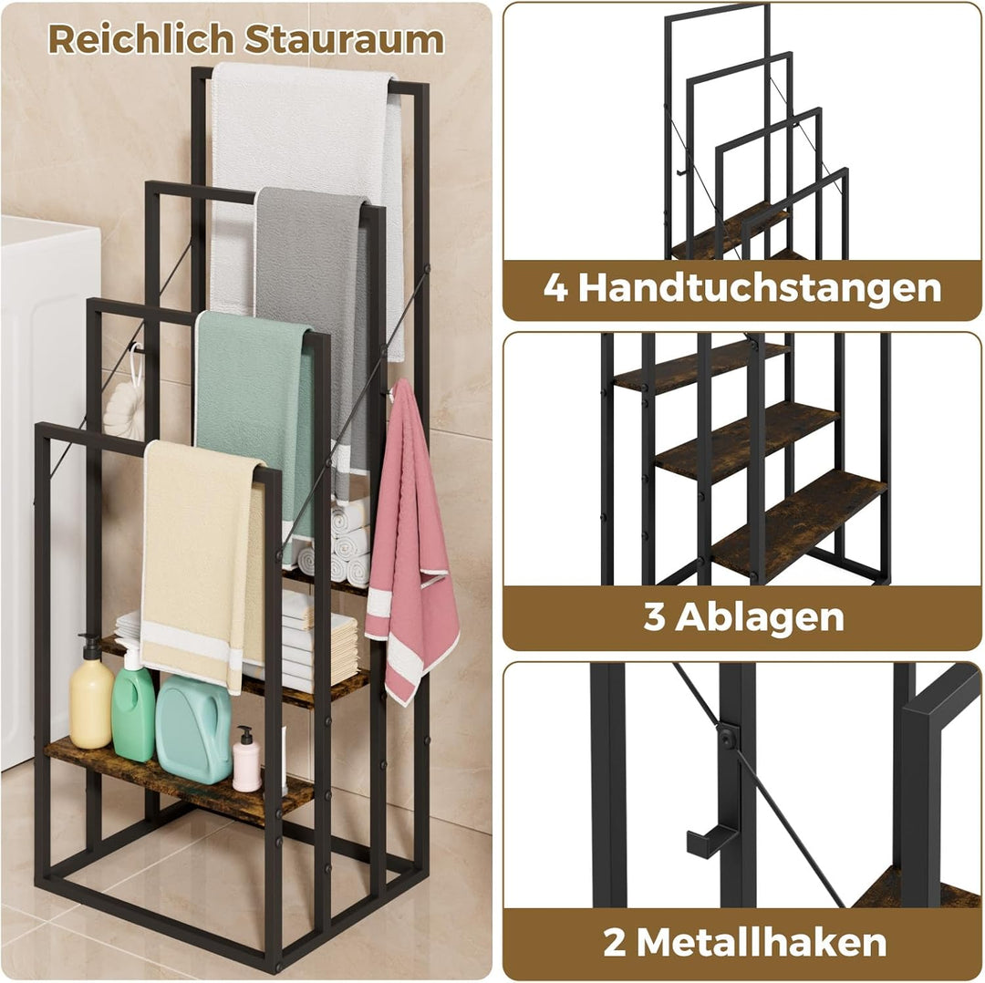 Handtuchständer, Handtuchhalter Stehend mit 4 Handtuchstangen, 3 Ablagen, 2 Haken, Freistehender Bad