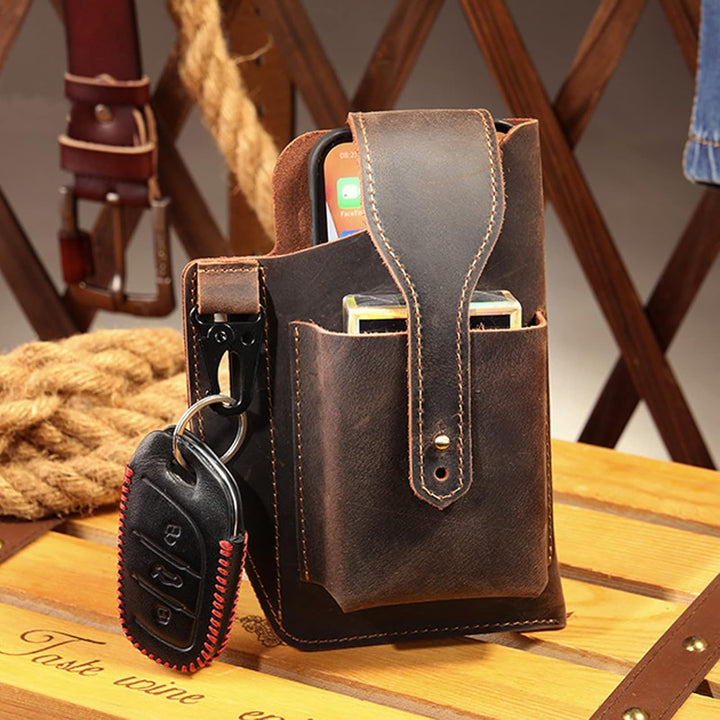 PORRASSO Handy Gürteltasche mit Schlüsselanhänger Retro Leder Handytasche Handyschutz Holster für Te