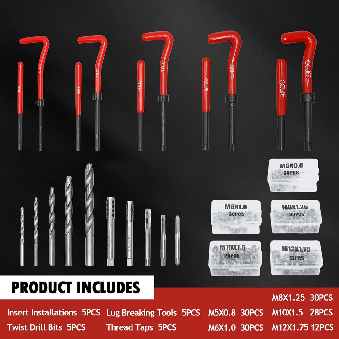 CCLIFE Gewindereparatursatz 150tlg HSS Helicoil Set mit M5 M6 M8 M10 M13 Gewinde Reparatursatz Werkz