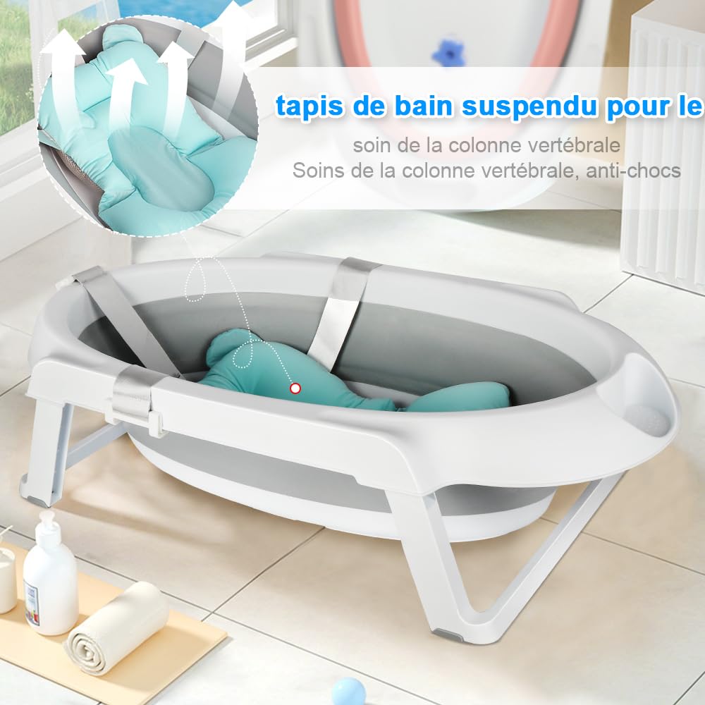 Faltbare Babybadewanne mit Stahlhalterung, ergonomisches Badewannenkissen und Ablaufschlauch – faltb