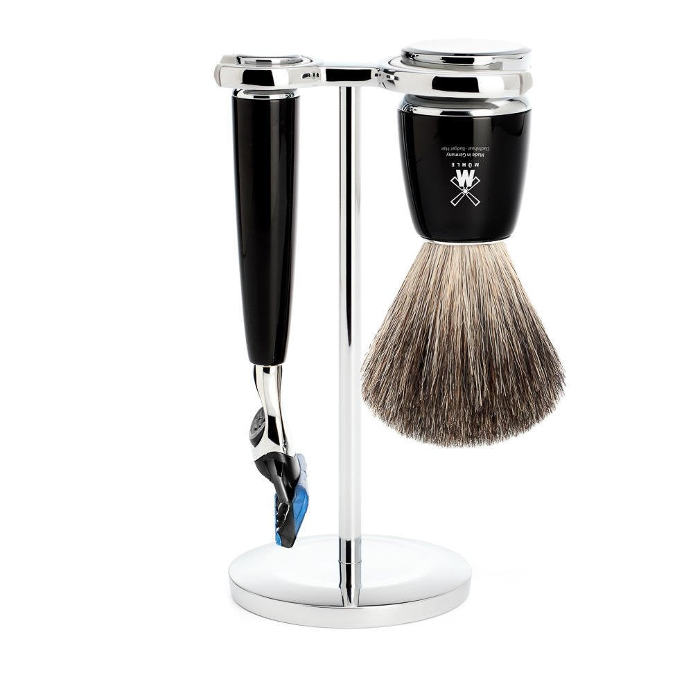 MÜHLE Rasierset - Rytmo Serie - Reines Dachshaar - kompatibel mit Gillette-Klingen - Edelharz schwar