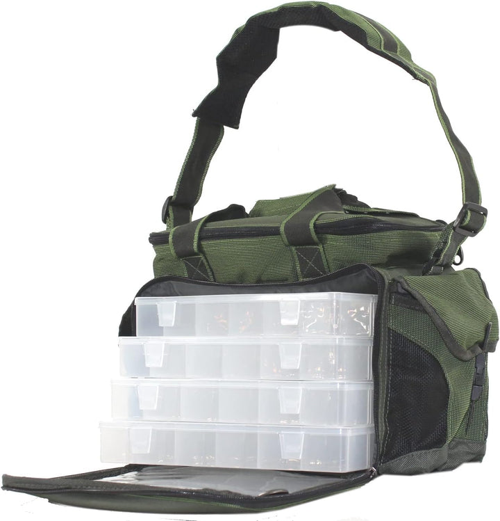 QMBasic Angelboxentasche inkl. 4 Tackle-Boxen | Angelkoffer für Zubehör Wasser-Abweisend gepolsterte