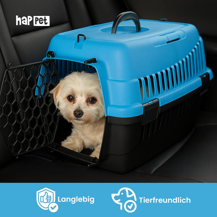 HAPPET Tiertransportbox ABBA S Blau 50x33x33 cm – Robuste, gut belüftete Transportbox aus Kunststoff