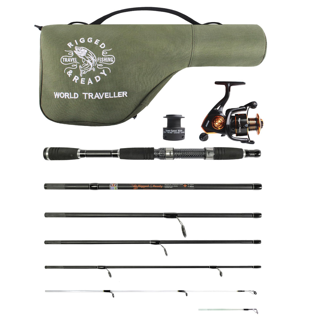 World Traveller Angelrute / Angelrute / Angelrolle, inkl. Etui, 6 Abschnitte, 2 Spitzen, 215 cm + 1,