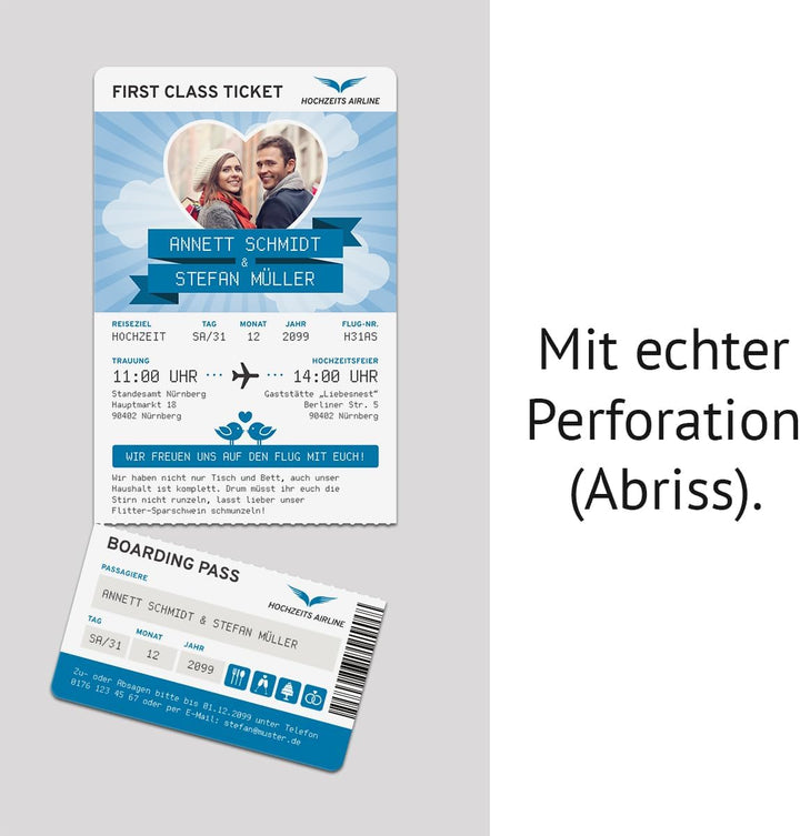 Kartenmachen.de Personalisierte Hochzeit Einladungen (10-100 Stück) - First Class Flugticket Blau -