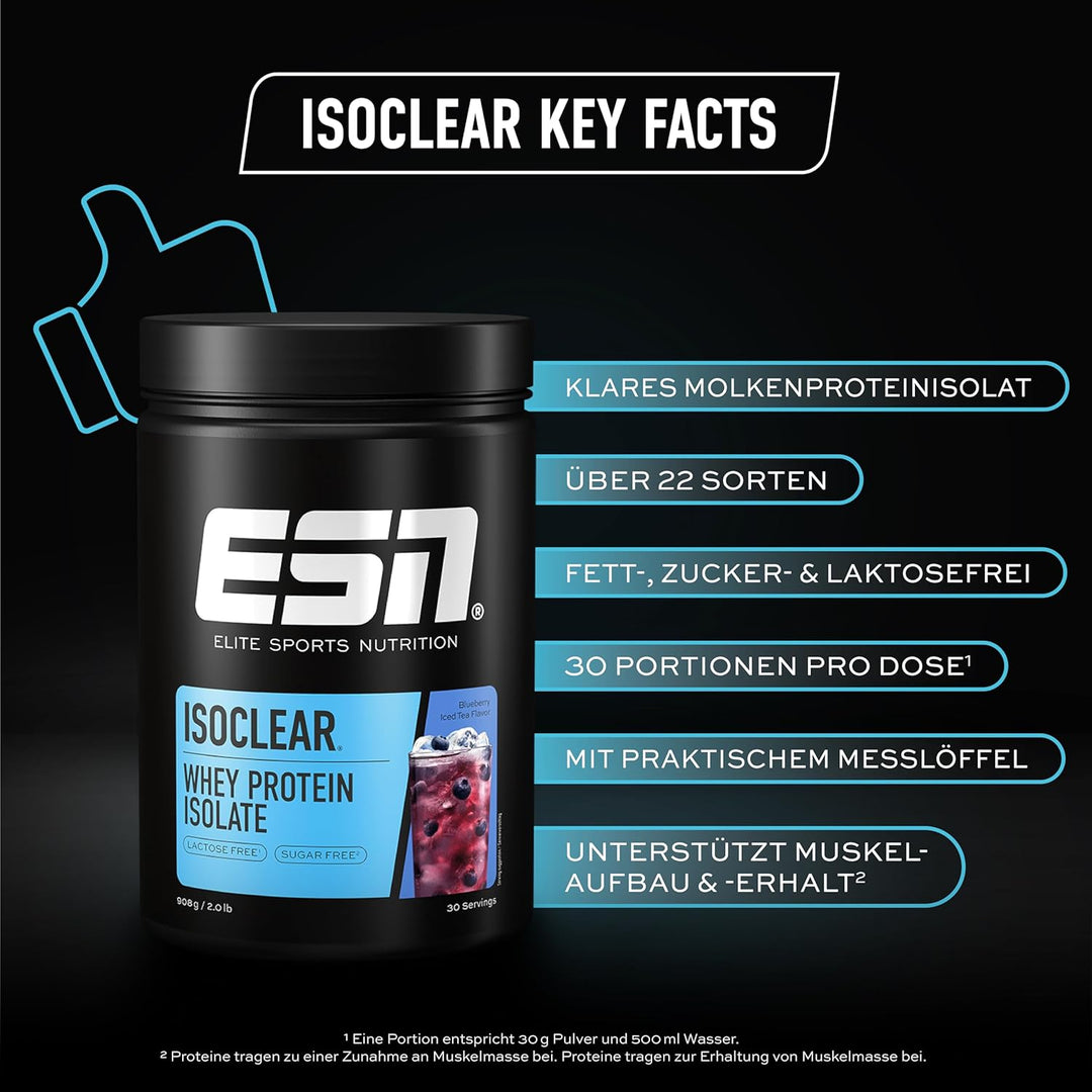 ESN ISOCLEAR Whey Isolate Protein Pulver, Blueberry Iced Tea, 908 g, Proteinlimo mit fruchtig lecker