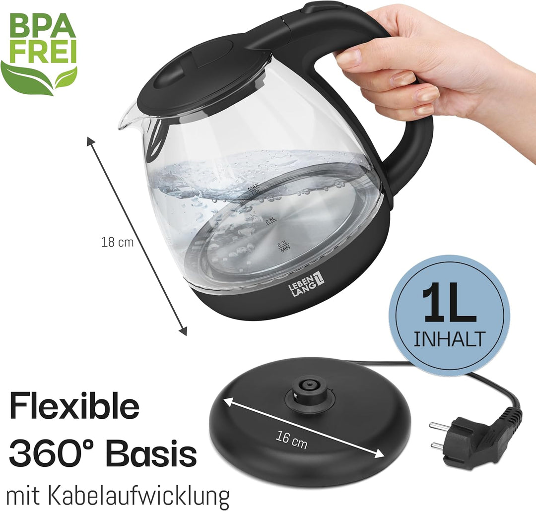 Glas Wasserkocher klein - 1L Inkl. Kalkfilter I By LEBENLANG I BPA-Frei Wasserkocher Glas 1 Liter Gl