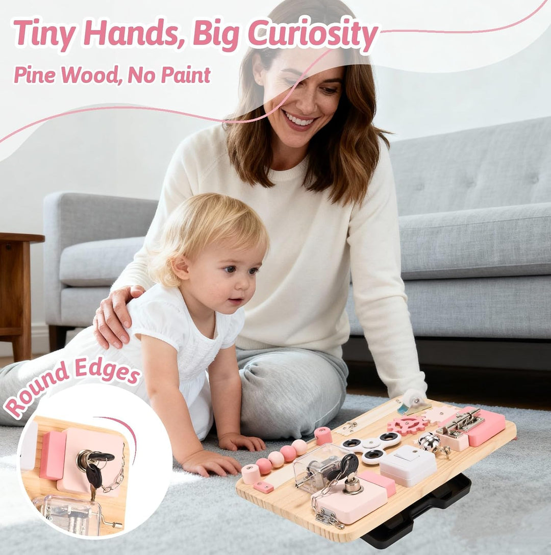 Holz Busy Board in Rosa – Montessori Spielzeug zur Förderung der Feinmotorik &amp; Sinne. Perfekt für Re