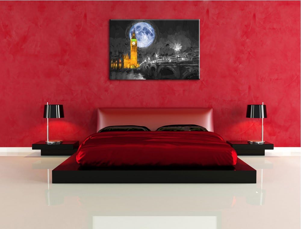 schöner Mond hinter der Big Ben in London Format: 100x70 auf Leinwand, XXL riesige Bilder fertig ger