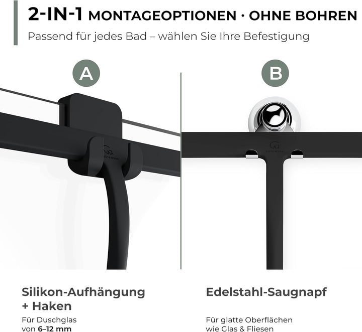 GÜTEWERK Duschabzieher Set mit Halter - schwarz 23 cm breit - ohne Bohren Silikon Abzieher Dusche Ba