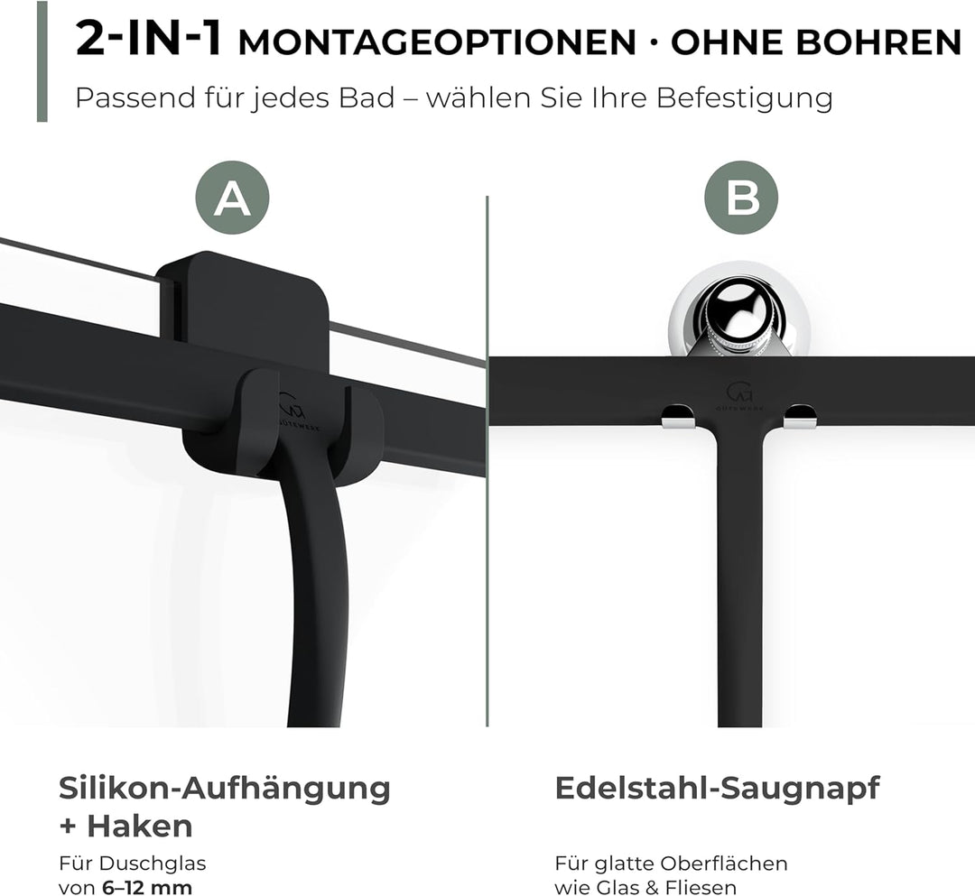 GÜTEWERK Duschabzieher Set mit Halterung - schwarz 28 cm breit - ohne Bohren Silikon Abzieher Dusche