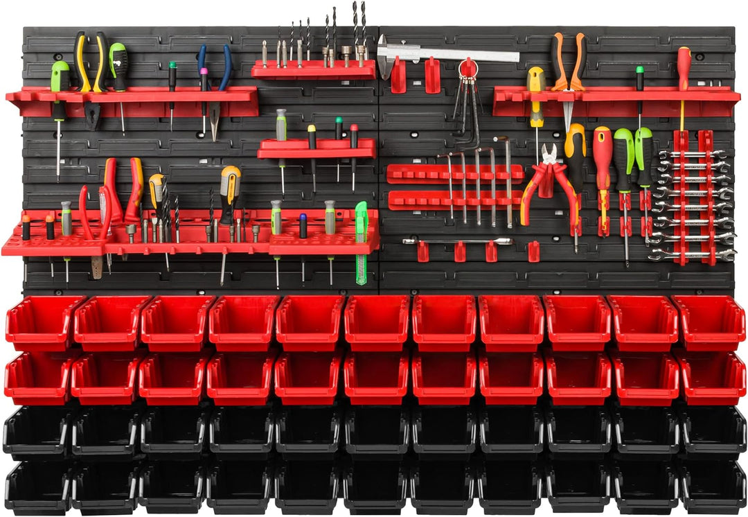 Lagersystem Werkstattregal | 115 x 78 cm | 44 stck. Box | Wandregal mit Werkzeughalterungen und Stap