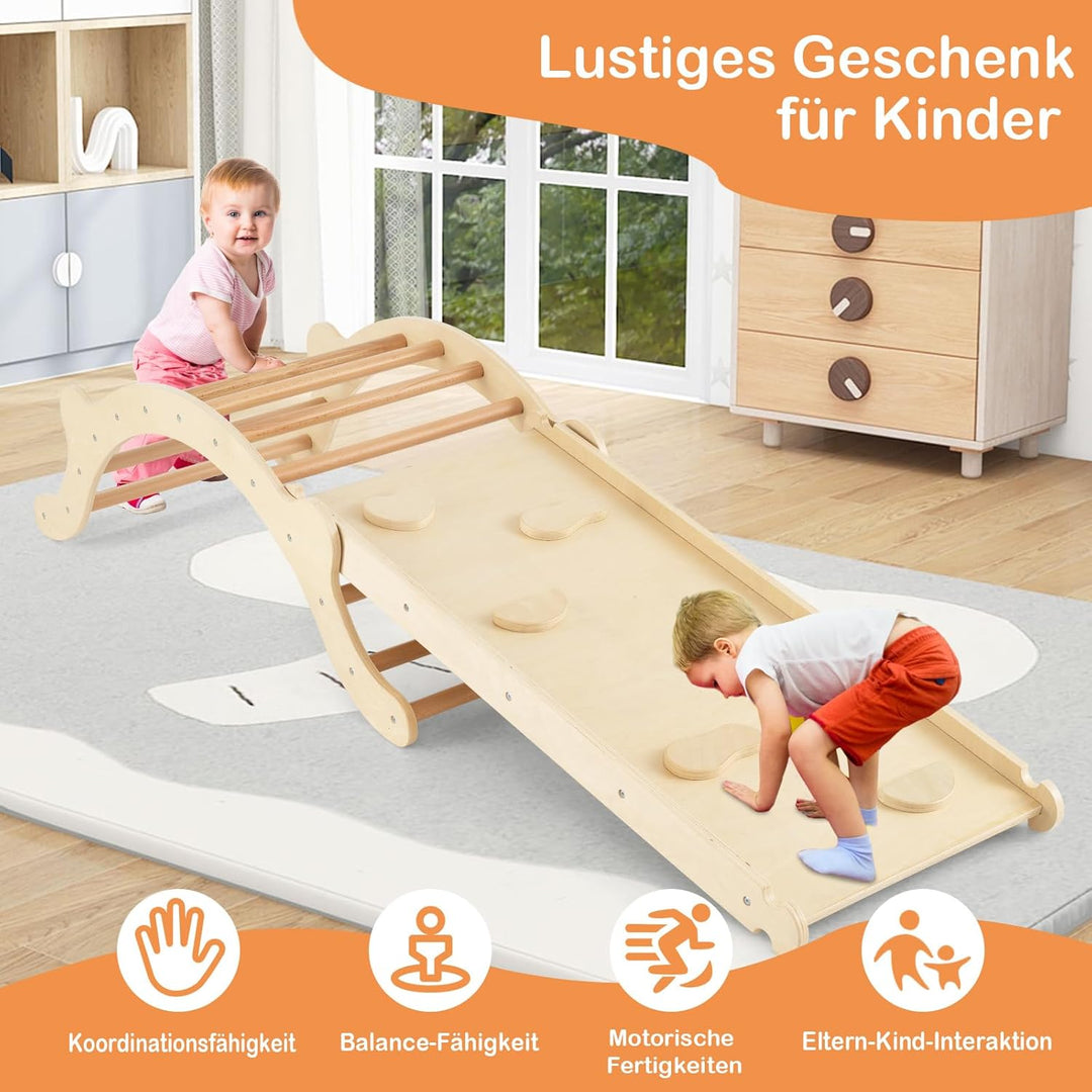 COSTWAY Kletterbogen mit Kissen, Kletterdreieck mit Rutsche Holz, 3 in 1 Klettergerüst Indoor zum Ru