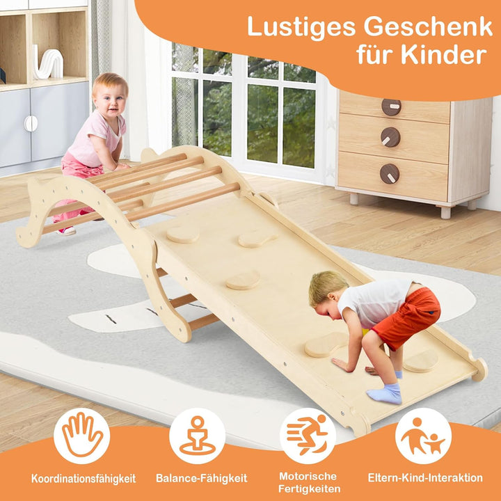 COSTWAY Kletterbogen mit Kissen, Kletterdreieck mit Rutsche Holz, 3 in 1 Klettergerüst Indoor zum Ru