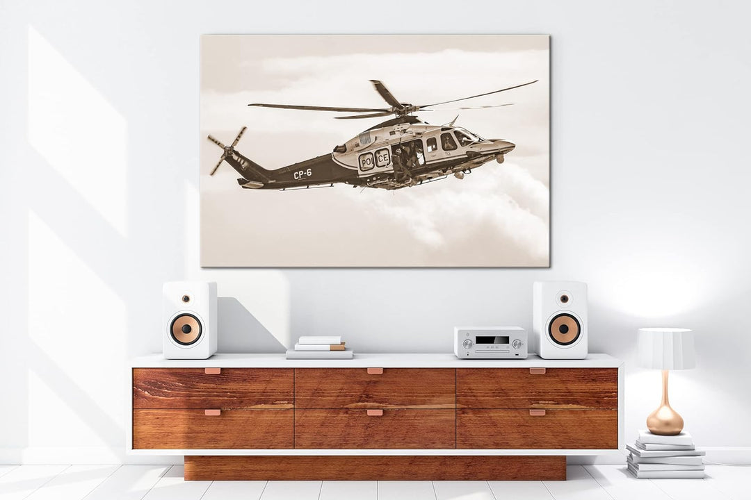 deyoli Helikopter im Einsatz Effekt: Sepia Format: 80x60 als Leinwandbild, Motiv fertig gerahmt auf