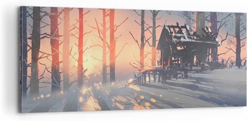 Panorama Bilder auf Leinwand 100x40cm Leinwandbild Winter Wald Hütte Gross Wanddeko Bild Schlafzimme