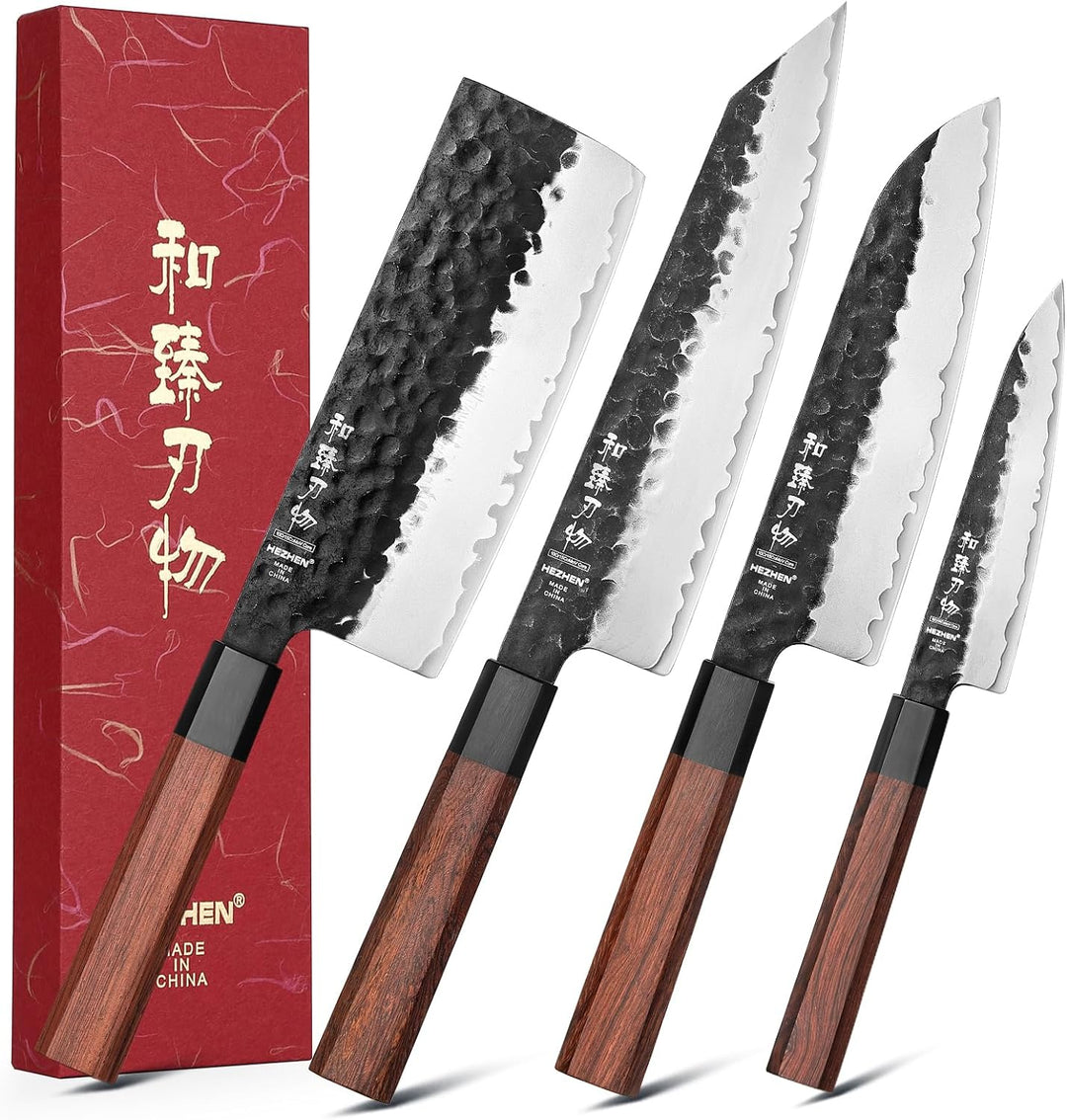 HEZHEN Verkleideter Stahl Küchenmessersets 4-Teilig, Profi Kochmesser Nakiri Santoku Kiritsuke Messe