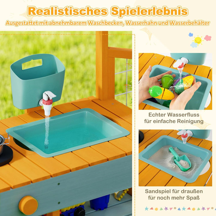 COSTWAY Matschküche Kinder Outdoor, Kinderküche mit Pflanzkasten & Rankgitter, Holzküche mit Wasserf