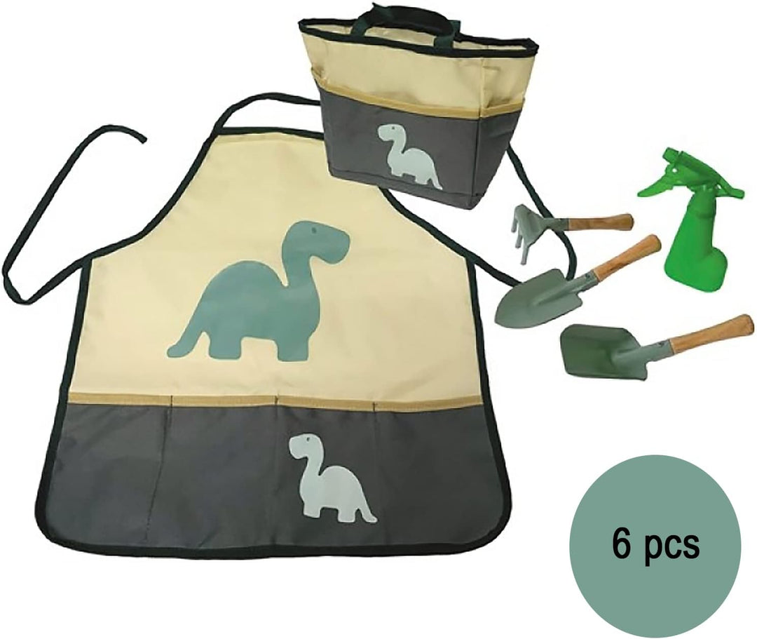 Krause & Sohn Schürze für Kinder inkl. Gartenwerkzeug 6-tlg. Gärtner-Set Hobbyschürze mit Dino-Motiv