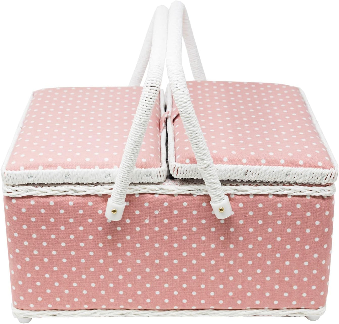 Korbond Nähkorb mit zwei Deckeln, gepunktet, 17 x 24 x 31 cm, Rosa L Pink / Punkte, L Pink / Punkte