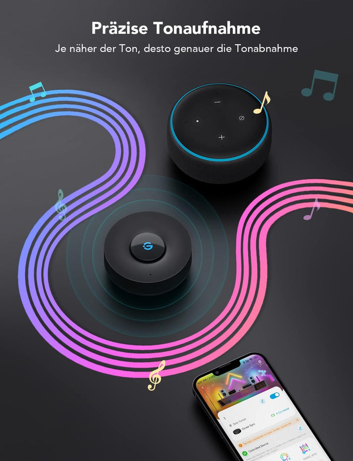 Govee Music Sync Box, Bluetooth-Gruppensteuerung für 7 Geräte, 22 dynamische Musikmodi, batteriebetr