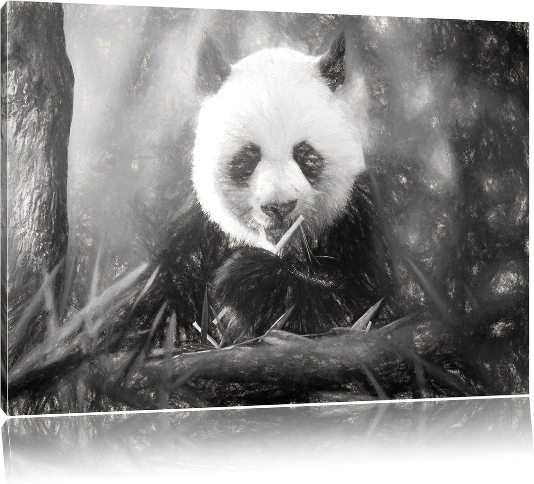 Pixxprint Niedlicher Panda isst Bambus Kunst / 100x70cm Leinwandbild bespannt auf Holzrahmen/Wandbil