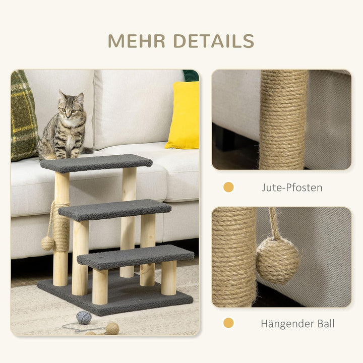 PawHut Katzentreppe 3-stufige Tiertreppe, 48 cm Haustiertreppe mit Sisalsäule, Hundetreppe mit Spiel