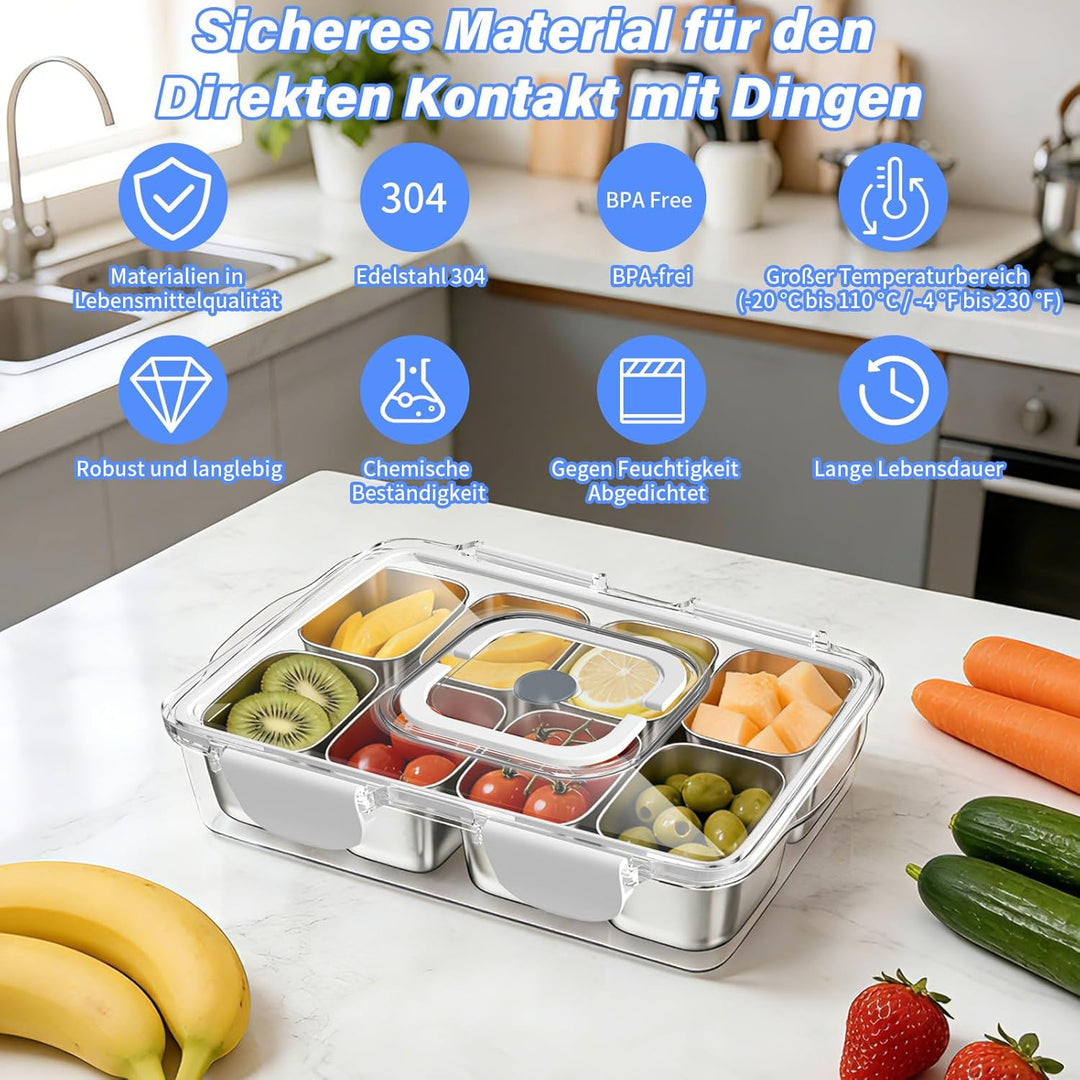Snackbox Edelstahl mit 8 Fächern, Tragbar & Auslaufsicher Snackteller mit Deckel für Snacks, Süssigk