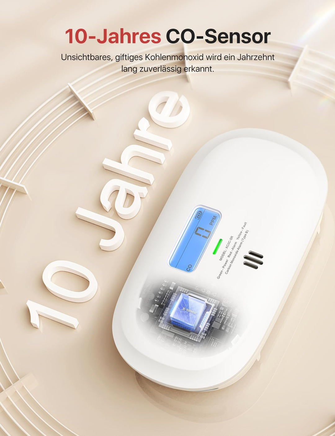 X-Sense Kohlenmonoxid Melder, 10 Jahre Sensor, CO Melder mit austauschbarer Batterie und digitalem D