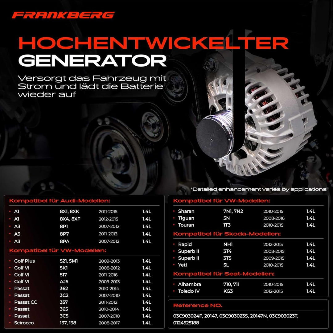 Frankberg Lichtmaschine Generator 140A Kompatibel mit A1 8X1 8XK 1.4L 2011-2015 A3 8P1 1.4L 2007-201