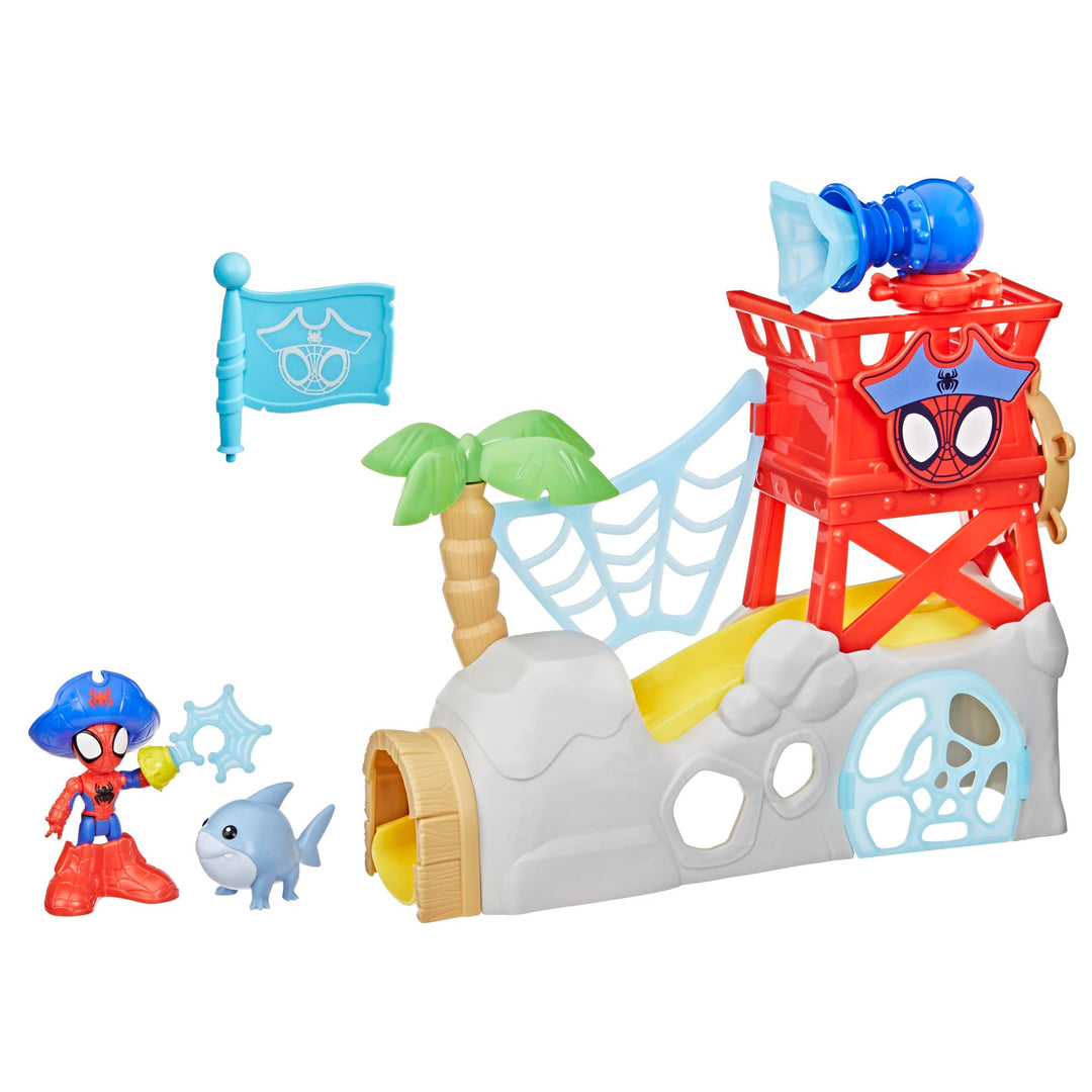 Marvel Spidey und Seine Super-Freunde – Water-Webs Spidey Insel Spielset mit Falltür, Rutsche, Netzk