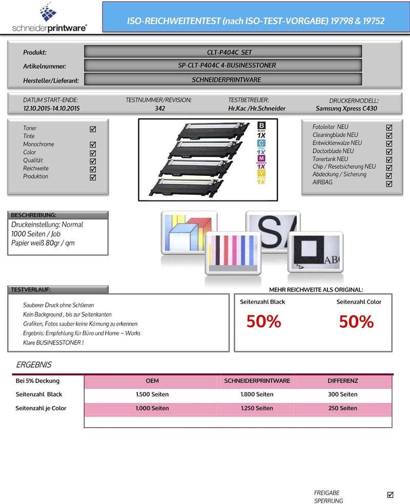 4 Schneider Printware Toner | 50 Prozent mehr Druckleistung | als Ersatz für CLT-P404C, CLT-K404S, C