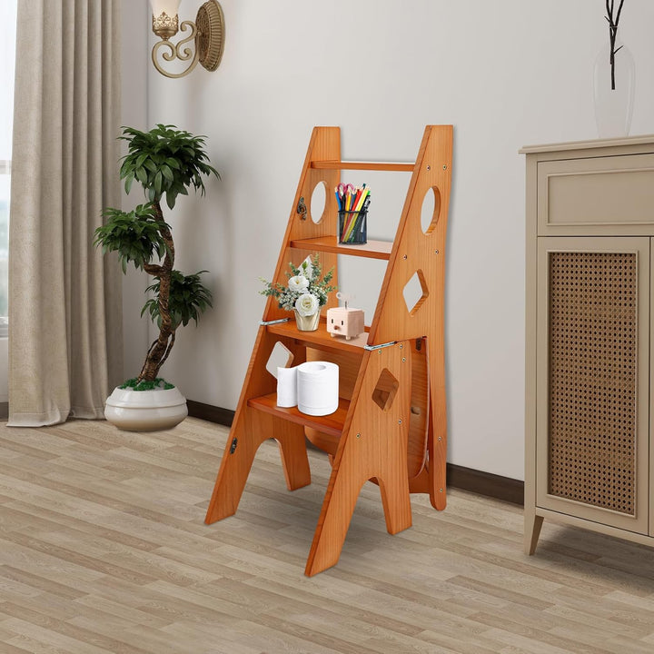 4-Stufen Klappbarer Tritthocker 2-in-1 Holz Trittleiter und Stuhl Klappbar Holztrittleiter 100kg Tra